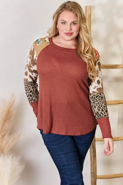 Women's Hailey & Co Full Size Leopard Waffle-Knit Blouse