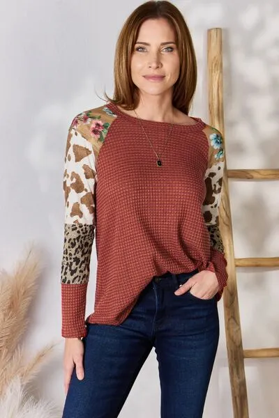 Women's Hailey & Co Full Size Leopard Waffle-Knit Blouse