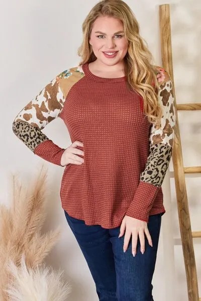 Women's Hailey & Co Full Size Leopard Waffle-Knit Blouse