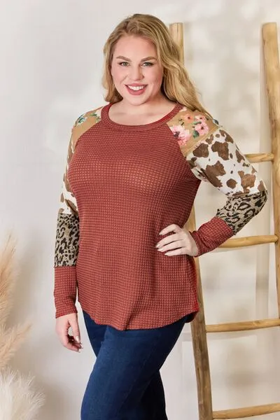 Women's Hailey & Co Full Size Leopard Waffle-Knit Blouse