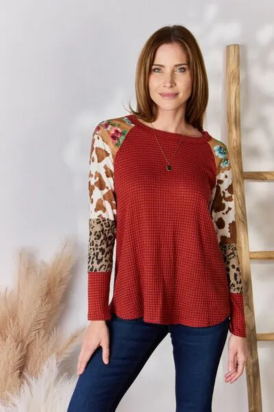 Women's Hailey & Co Full Size Leopard Waffle-Knit Blouse