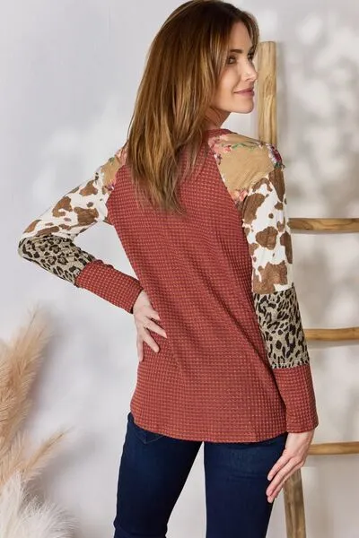 Women's Hailey & Co Full Size Leopard Waffle-Knit Blouse