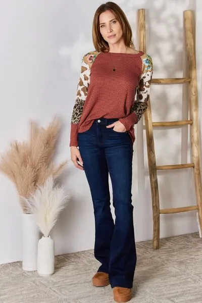 Women's Hailey & Co Full Size Leopard Waffle-Knit Blouse