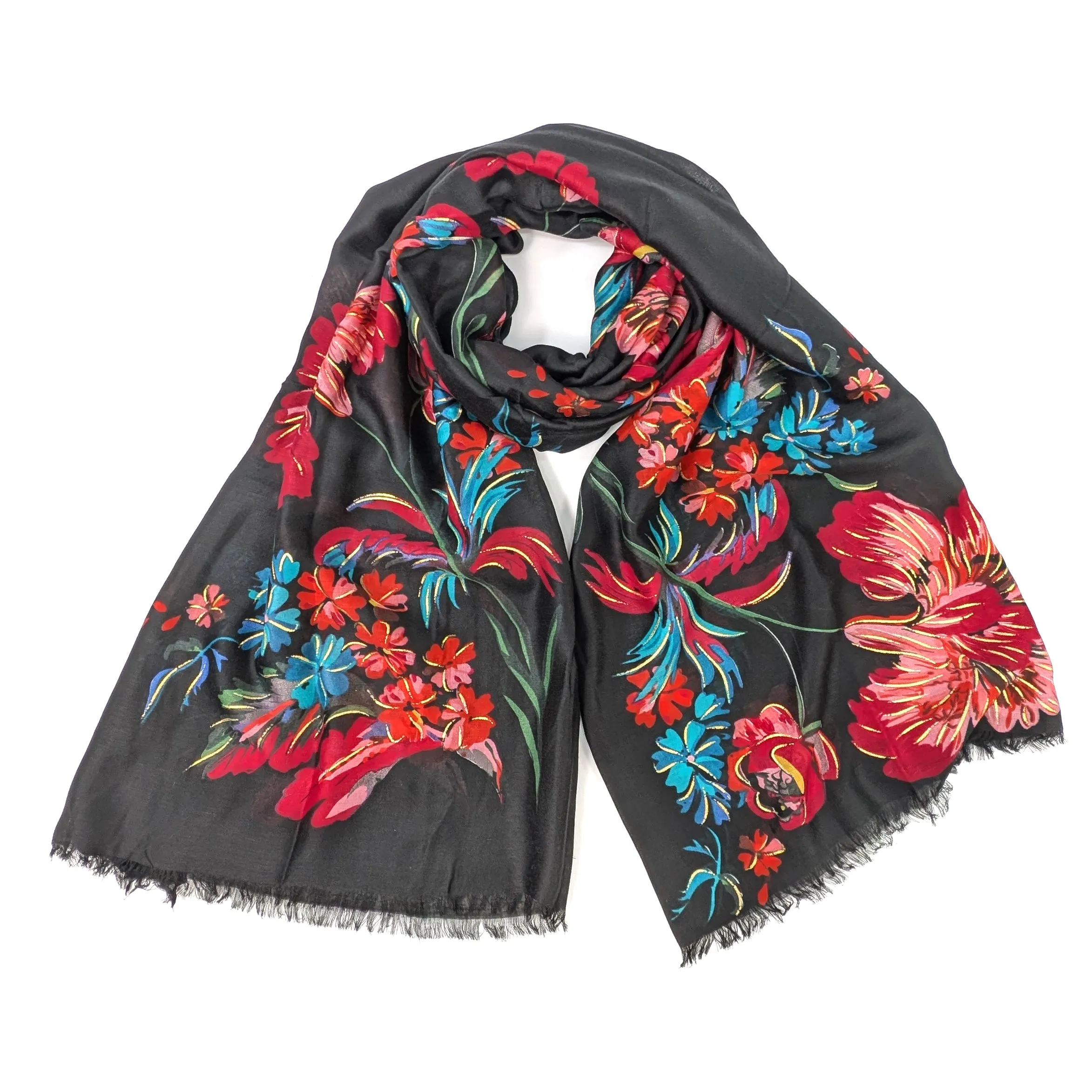 XL Gold Flecked Floral Scarf - Black