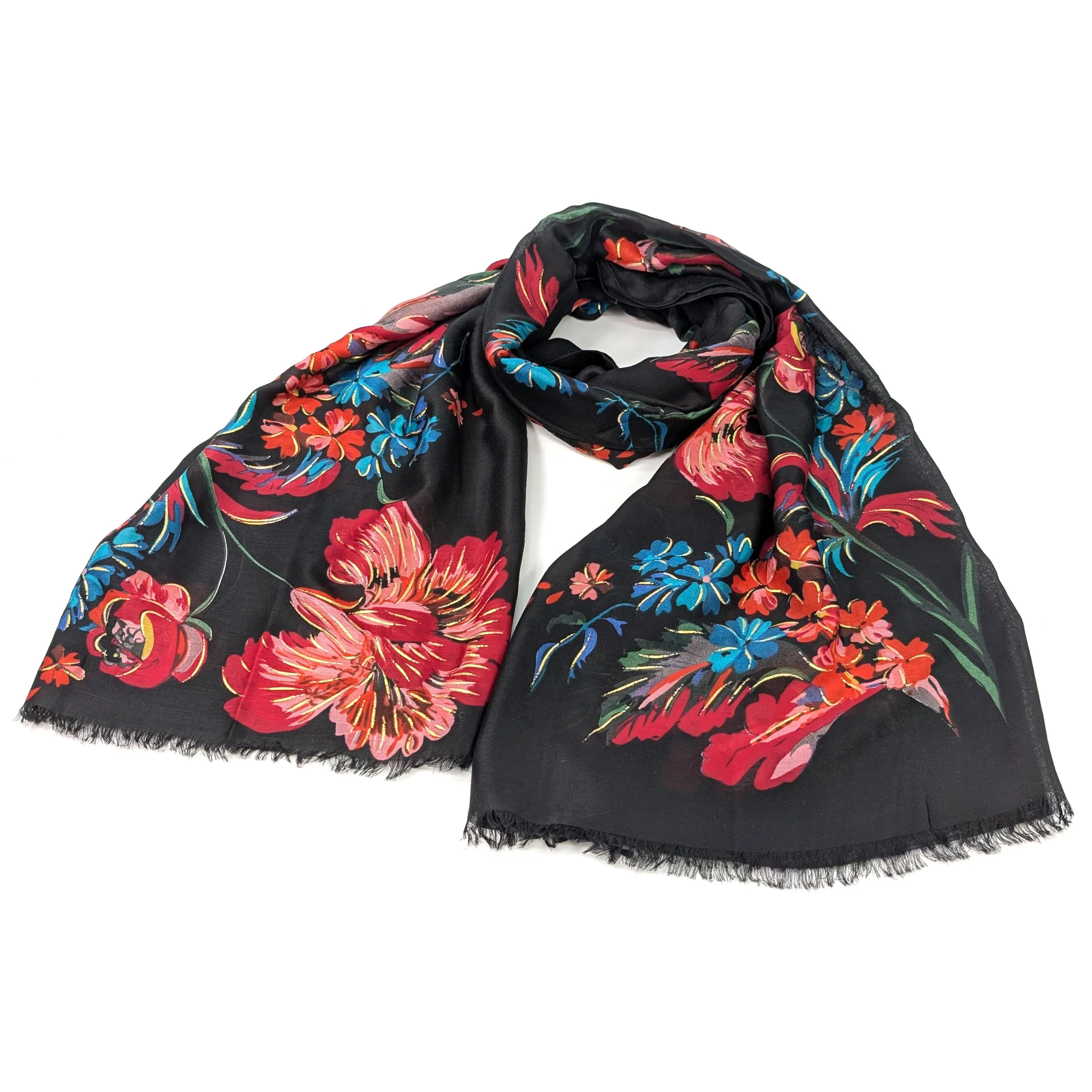 XL Gold Flecked Floral Scarf - Black